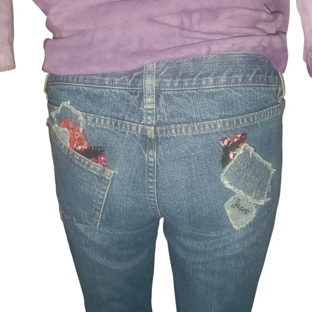 Vintage DKNY Size 1 (28x31) Boho Patchwork Low Rise Flare Jean Y2K Festival Boho